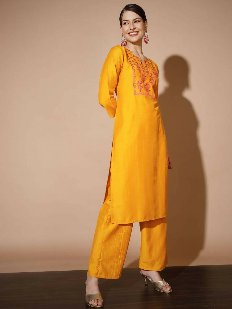 Myshka Women Mustard Solid Kurta & Palazzos With Dupatta | Grocsy