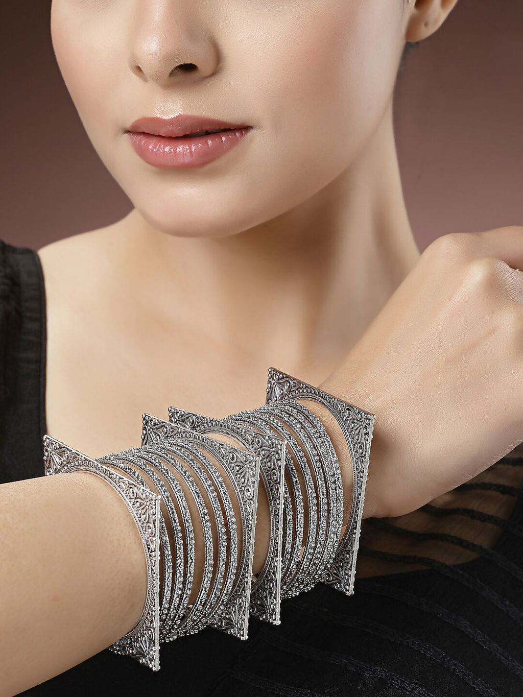 NVR Women's Set of 8 Silver-Toned German Silver Oxidised Bangles | Grocsy