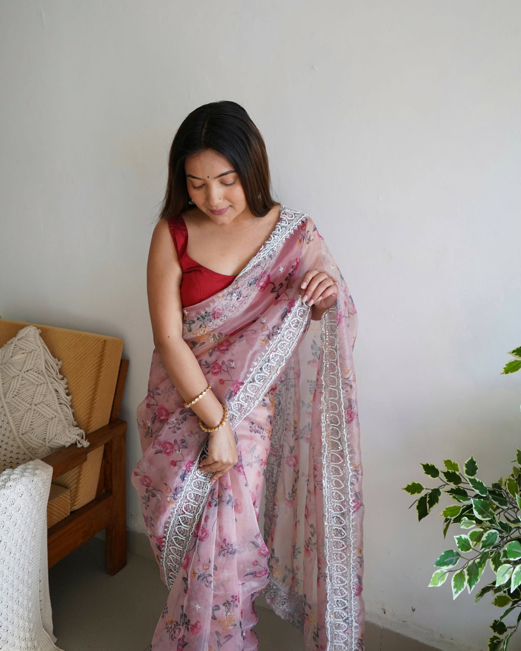 Vamsee Ferry Baby Pink Organza Saree | Grocsy