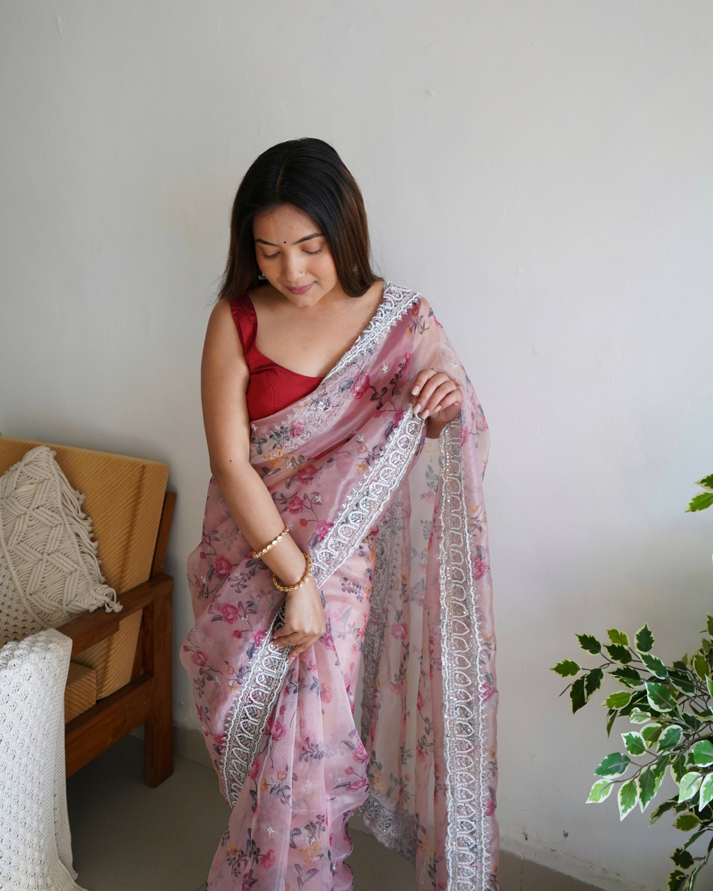 Vamsee Ferry Baby Pink Organza Saree | Grocsy