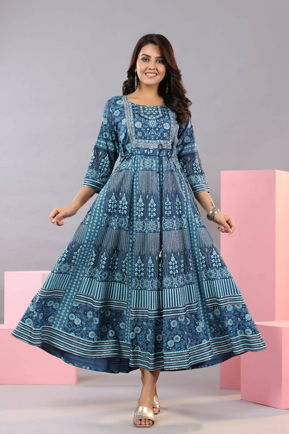 Juniper Women Blue Shantoon Floral Printed Maxi Dress | Grocsy