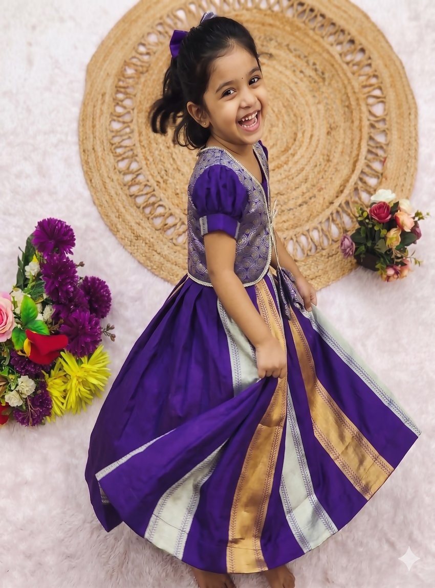 Teeya Creation Latest Designer Girls Royal Purple Silk Pattu Pavadai Lehenga Choli Set With Brocade Koti-Purple | Grocsy