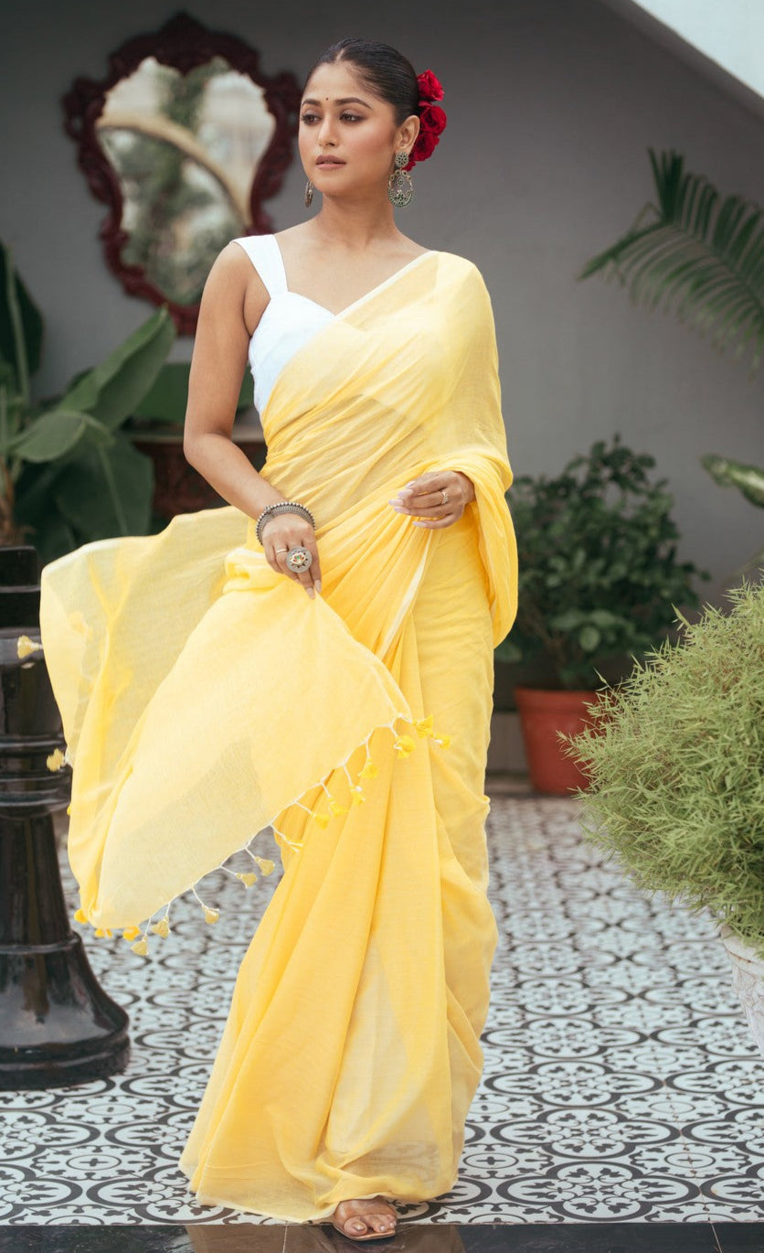 Very Much Indian Mastaani - Pure Mul Cotton Handloom Saree - Fresh Yellow | Grocsy