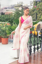 Very Much Indian Mastaani - Pure Mul Cotton Handloom Saree with Beautiful Rose Prints - Pink | Grocsy