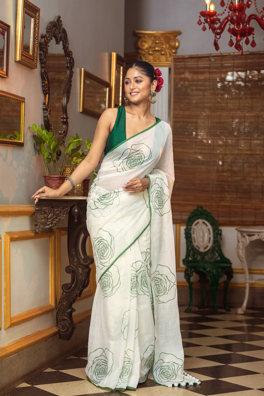 Very Much Indian Mastaani - Pure Mul Cotton Handloom Saree with Beautiful Rose Prints - Green | Grocsy