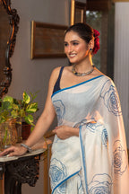 Very Much Indian Mastaani - Pure Mul Cotton Handloom Saree with Beautiful Rose Prints - Blue | Grocsy