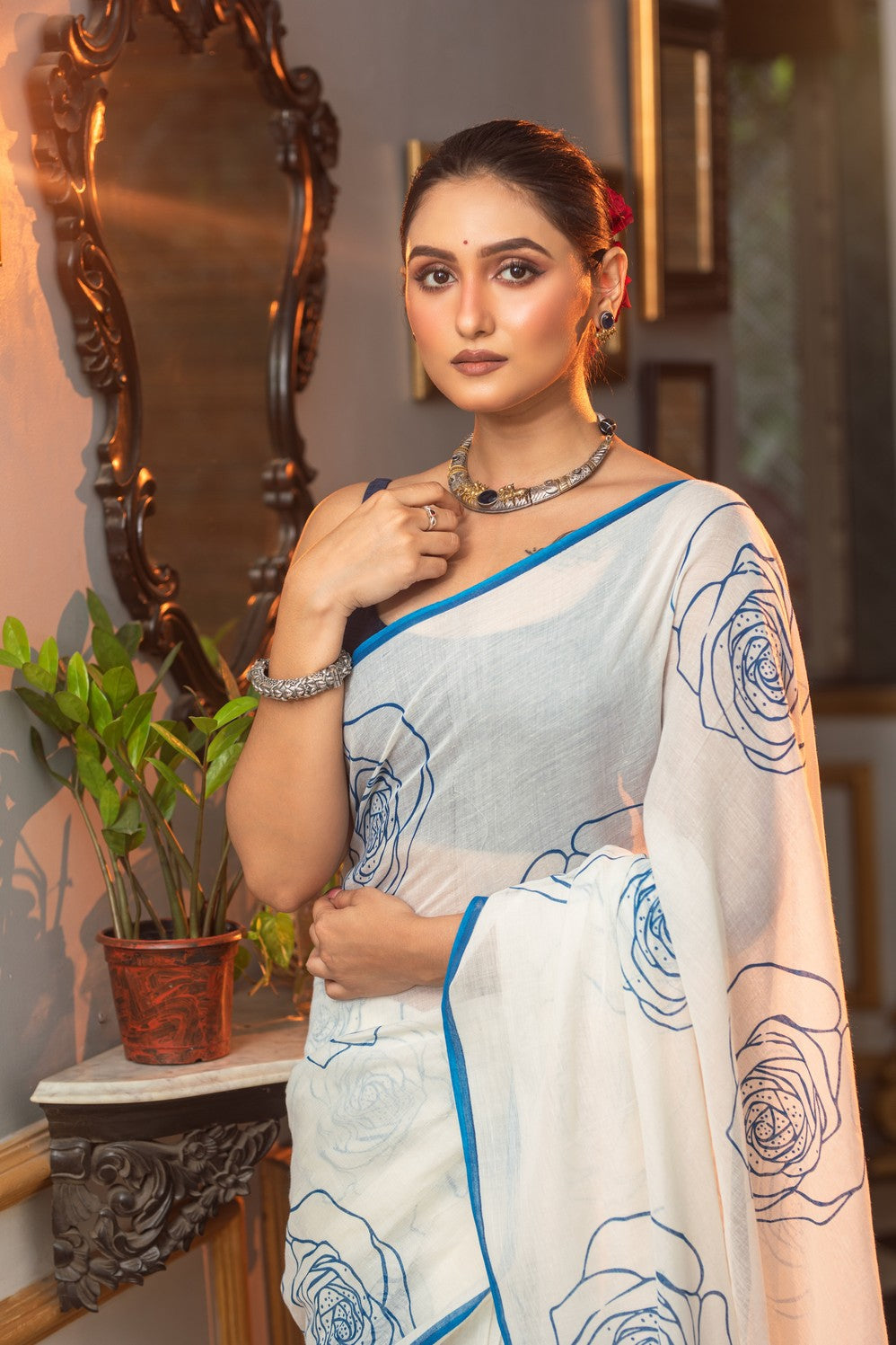 Very Much Indian Mastaani - Pure Mul Cotton Handloom Saree with Beautiful Rose Prints - Blue | Grocsy