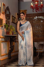 Very Much Indian Mastaani - Pure Mul Cotton Handloom Saree with Beautiful Rose Prints - Blue | Grocsy