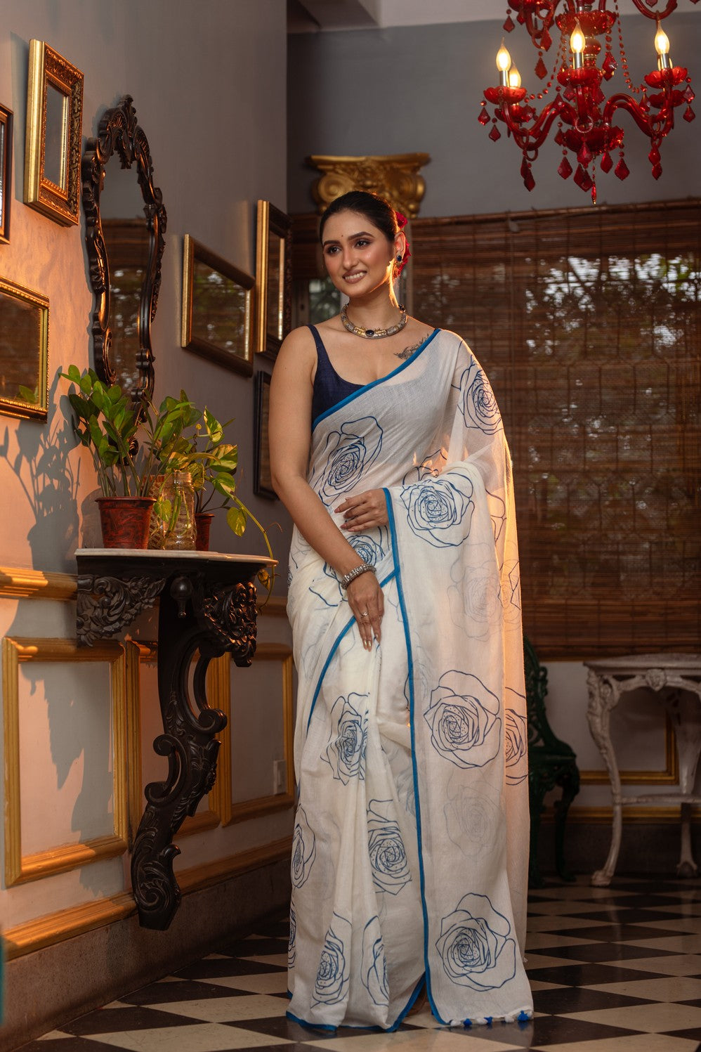 Very Much Indian Mastaani - Pure Mul Cotton Handloom Saree with Beautiful Rose Prints - Blue | Grocsy