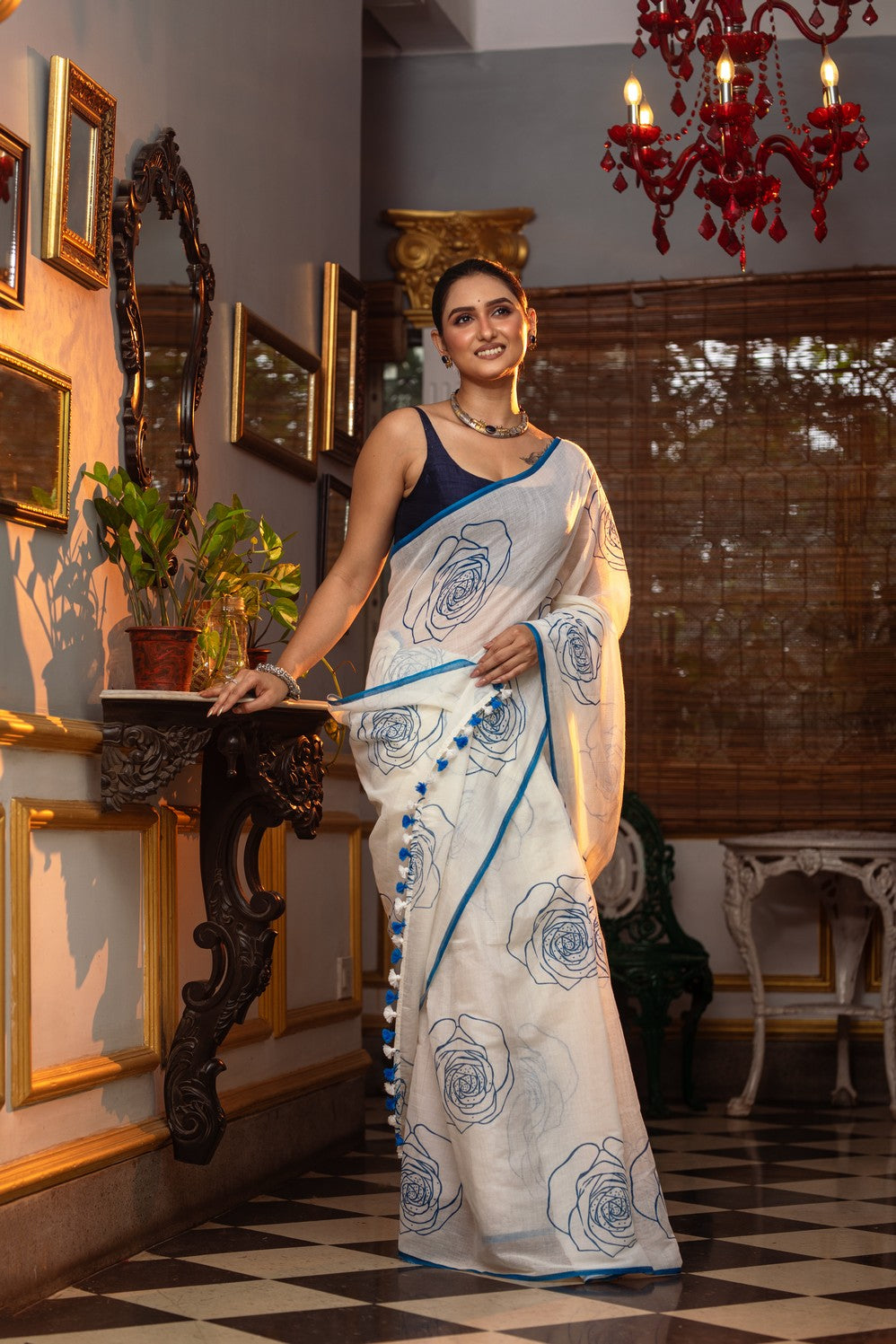 Very Much Indian Mastaani - Pure Mul Cotton Handloom Saree with Beautiful Rose Prints - Blue | Grocsy