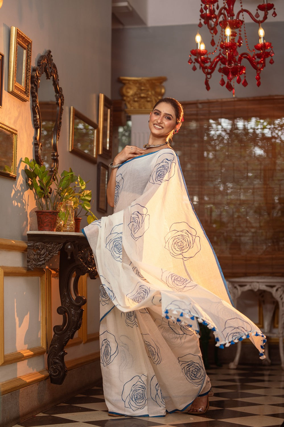 Very Much Indian Mastaani - Pure Mul Cotton Handloom Saree with Beautiful Rose Prints - Blue | Grocsy