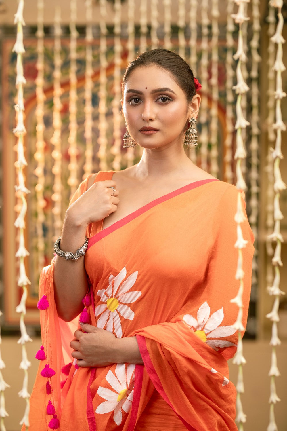 Very Much Indian Mastaani - Pure Mul Cotton Handloom Saree with Beautiful Floral Handpaint - Orange | Grocsy