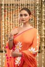 Very Much Indian Mastaani - Pure Mul Cotton Handloom Saree with Beautiful Floral Handpaint - Orange | Grocsy