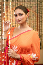 Very Much Indian Mastaani - Pure Mul Cotton Handloom Saree with Beautiful Floral Handpaint - Orange | Grocsy