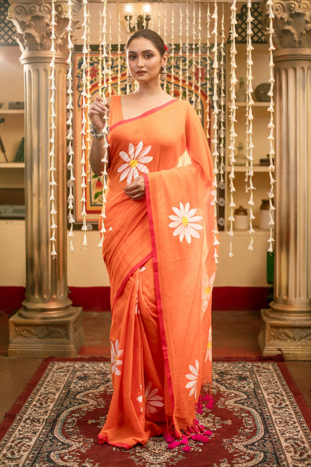 Very Much Indian Mastaani - Pure Mul Cotton Handloom Saree with Beautiful Floral Handpaint - Orange | Grocsy