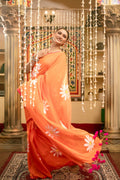 Very Much Indian Mastaani - Pure Mul Cotton Handloom Saree with Beautiful Floral Handpaint - Orange | Grocsy