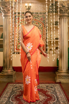 Very Much Indian Mastaani - Pure Mul Cotton Handloom Saree with Beautiful Floral Handpaint - Orange | Grocsy