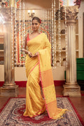 Very Much Indian Mastaani - Pure Mul Jamdhani Cotton Handloom Saree with Beautiful Heart Weaves - Yellow | Grocsy