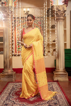 Very Much Indian Mastaani - Pure Mul Jamdhani Cotton Handloom Saree with Beautiful Heart Weaves - Yellow | Grocsy