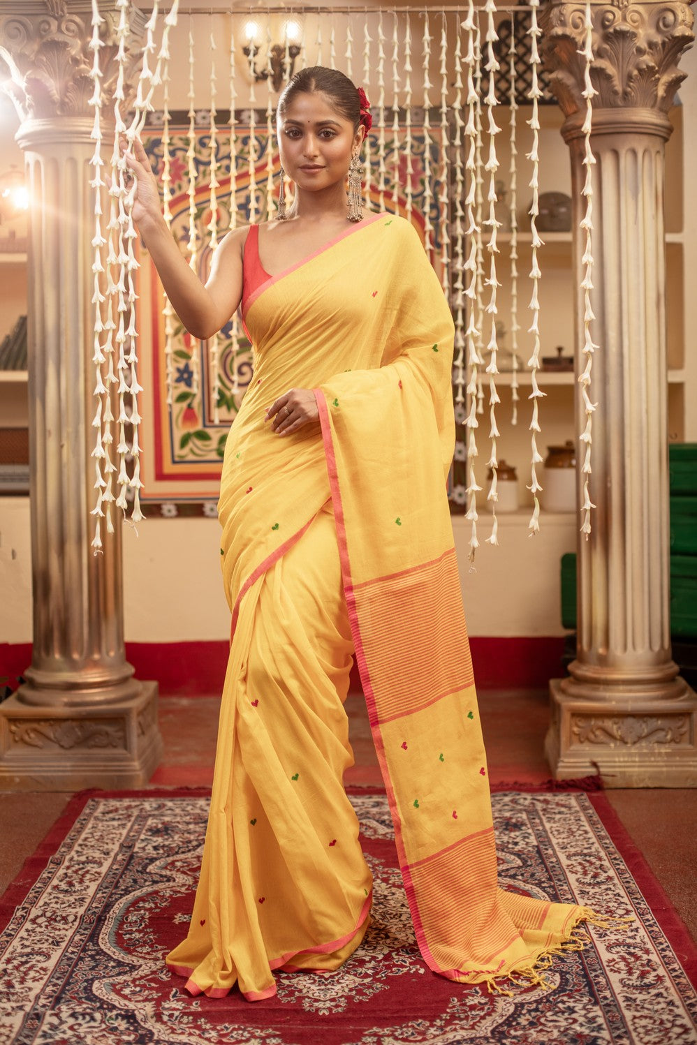 Very Much Indian Mastaani - Pure Mul Jamdhani Cotton Handloom Saree with Beautiful Heart Weaves - Yellow | Grocsy