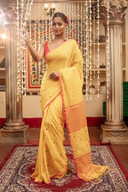Very Much Indian Mastaani - Pure Mul Jamdhani Cotton Handloom Saree with Beautiful Heart Weaves - Yellow | Grocsy
