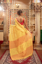 Very Much Indian Mastaani - Pure Mul Jamdhani Cotton Handloom Saree with Beautiful Heart Weaves - Yellow | Grocsy