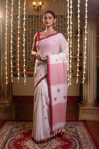 Very Much Indian Mastaani - Pure Mul Jamdhani Cotton Handloom Saree with Beautiful Heart Weaves - Red | Grocsy