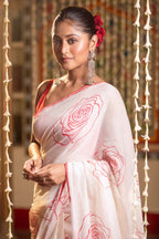 Very Much Indian Mastaani - Pure Mul Cotton Handloom Saree with Beautiful Rose Prints - Red | Grocsy