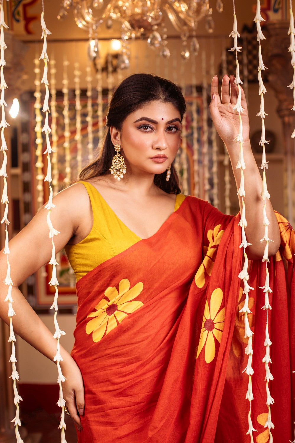 Very Much Indian Mastaani - Pure Mul Cotton Handloom Saree with Beautiful Floral Handpaint - Red | Grocsy
