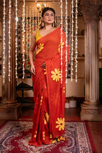 Very Much Indian Mastaani - Pure Mul Cotton Handloom Saree with Beautiful Floral Handpaint - Red | Grocsy