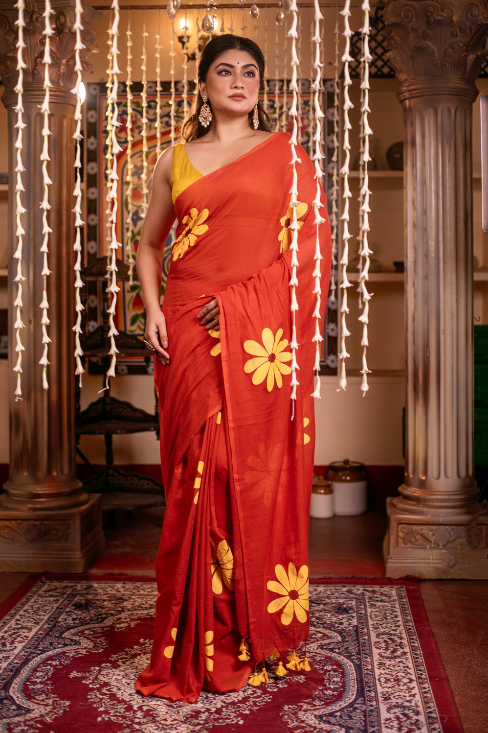 Very Much Indian Mastaani - Pure Mul Cotton Handloom Saree with Beautiful Floral Handpaint - Red | Grocsy