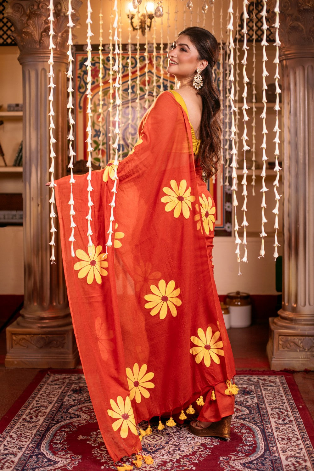Very Much Indian Mastaani - Pure Mul Cotton Handloom Saree with Beautiful Floral Handpaint - Red | Grocsy