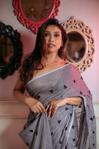 Very Much Indian Mastaani - Pure Mul Jamdhani Cotton Handloom Saree with Beautiful Heart Weaves - Grey | Grocsy