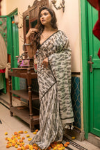 Very Much Indian Mastaani - Pure Mul Cotton Handloom Saree with Beautiful Leafy Weaves - White | Grocsy