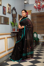 Very Much Indian Mastaani - Pure Mul Cotton Handloom Saree with Beautiful Floral Weaves - Black | Grocsy