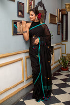Very Much Indian Mastaani - Pure Mul Cotton Handloom Saree with Beautiful Floral Weaves - Black | Grocsy