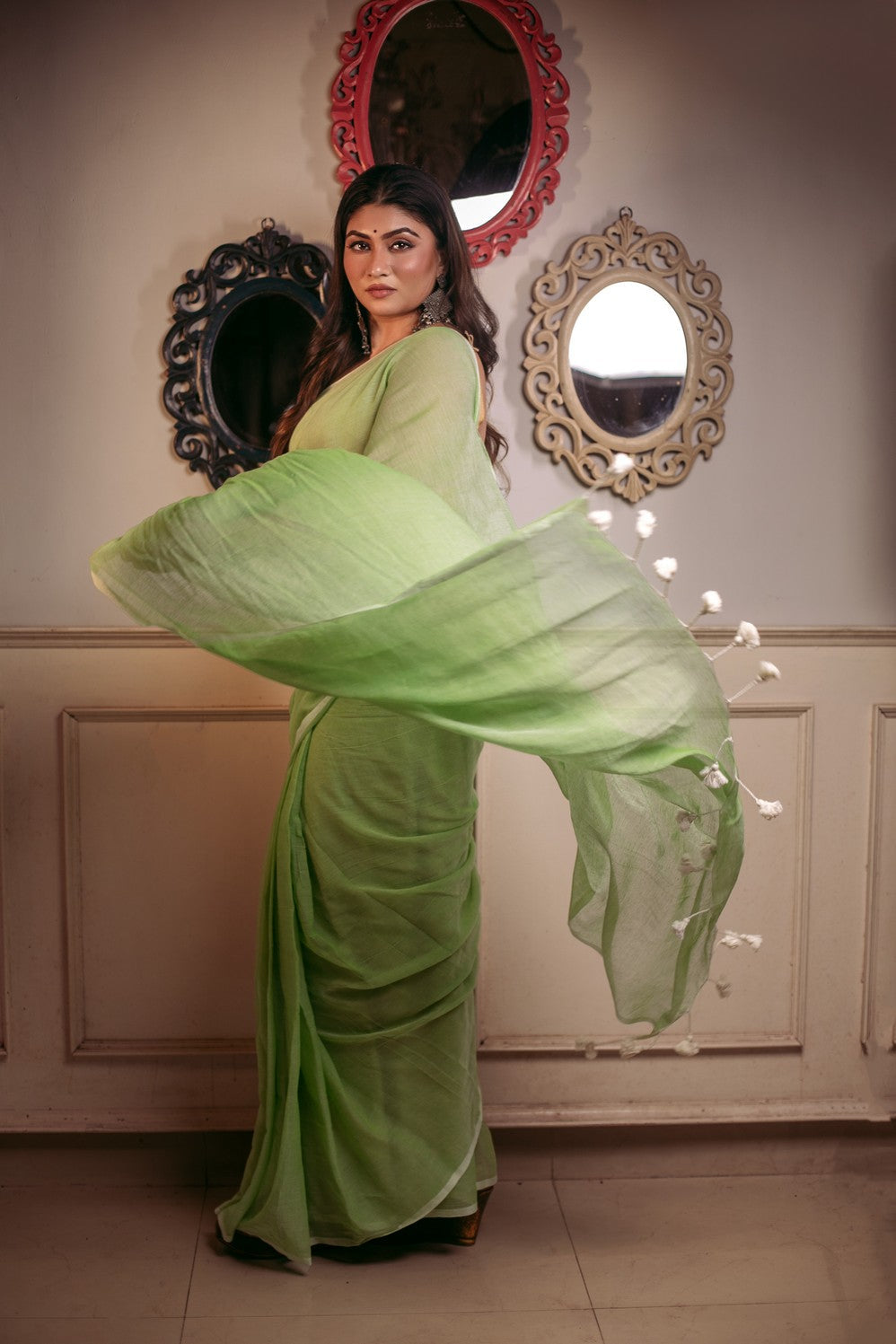 Very Much Indian Mastaani - Pure Mul Cotton Handloom Saree - Sage Green | Grocsy
