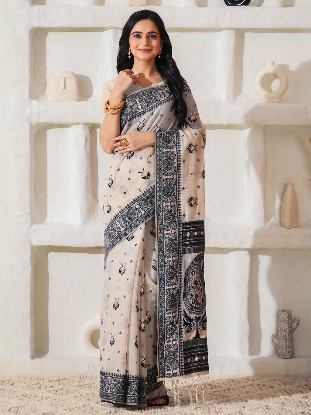 Shree Shyam Fashion Linen Cotton Black & Cream Saree | Grocsy