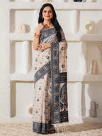 Shree Shyam Fashion Linen Cotton Black & Cream Saree | Grocsy