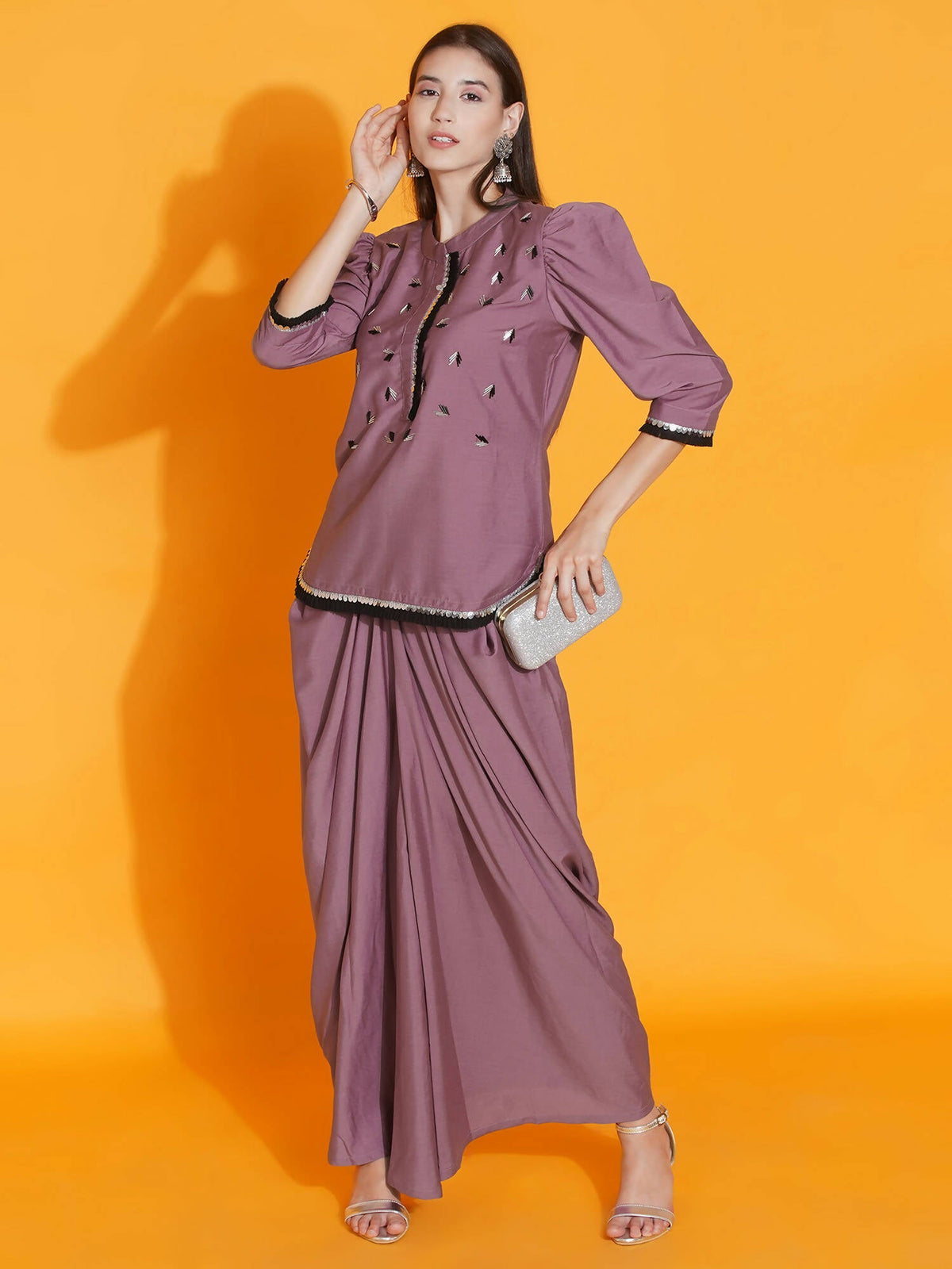 Women Republic Mauve Hand Embellished Kurta With Dhoti | Grocsy