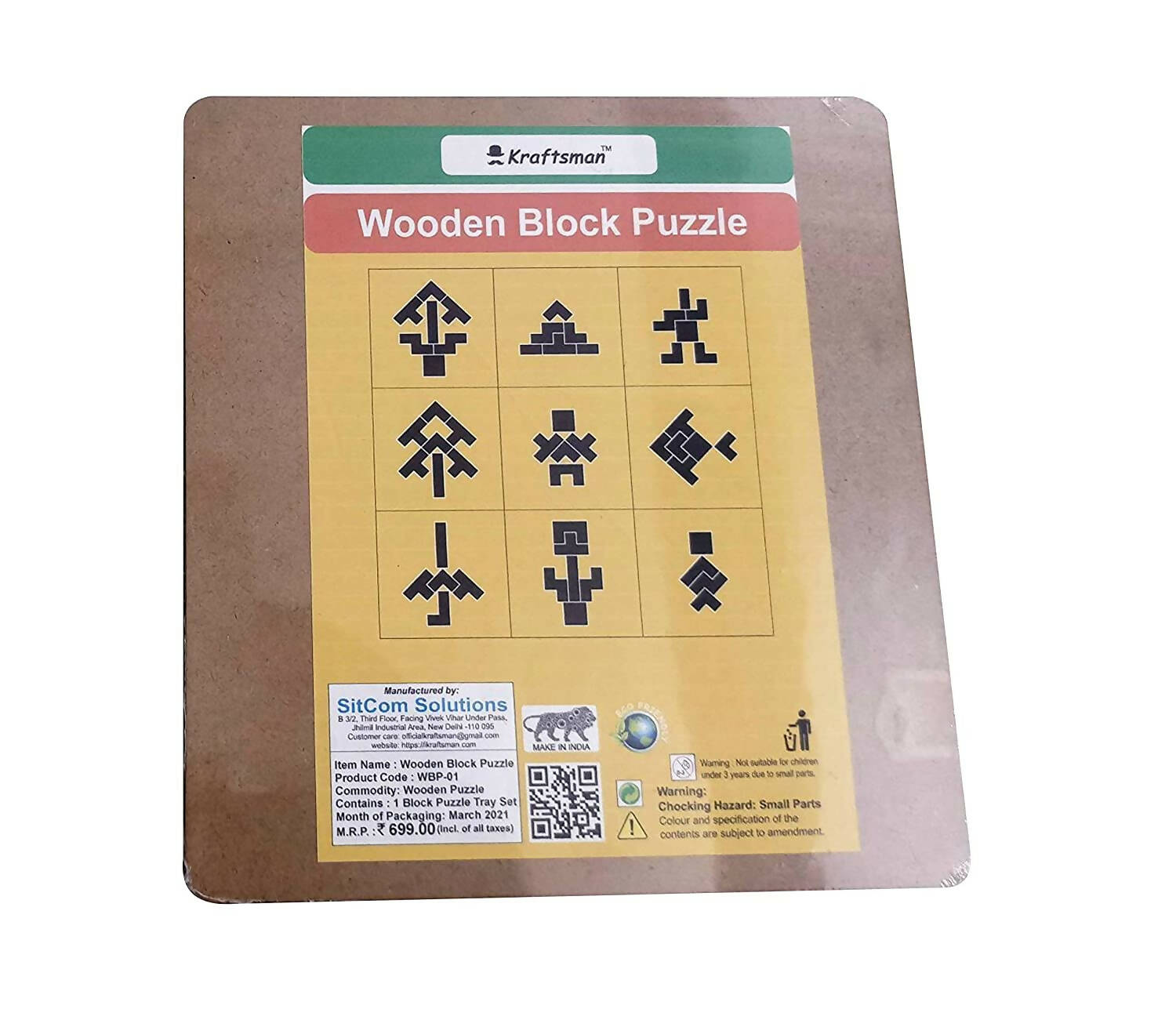 Kraftsman Wooden Tetris Block Jigsaw Puzzle Board | Made In India (Tetris, Tangram, T Puzzle) | Grocsy