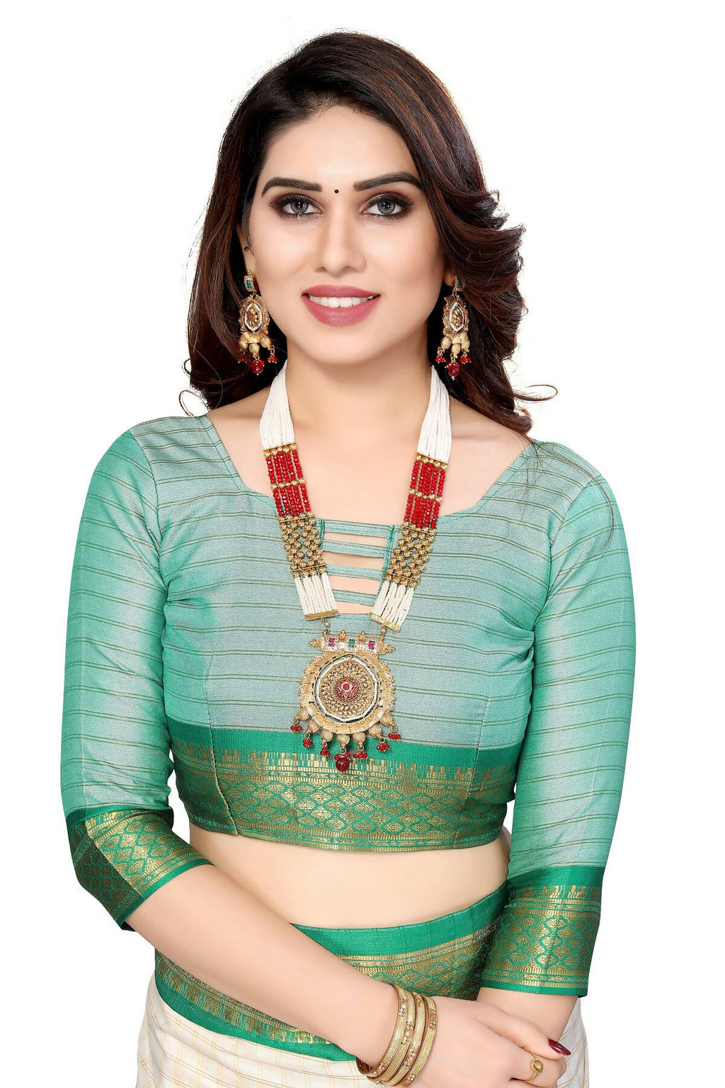 Vamika Weaving White Cotton Silk Saree (DEVAL GREEN) | Grocsy