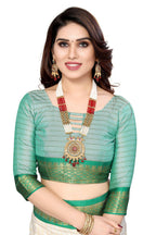Vamika Weaving White Cotton Silk Saree (DEVAL GREEN) | Grocsy