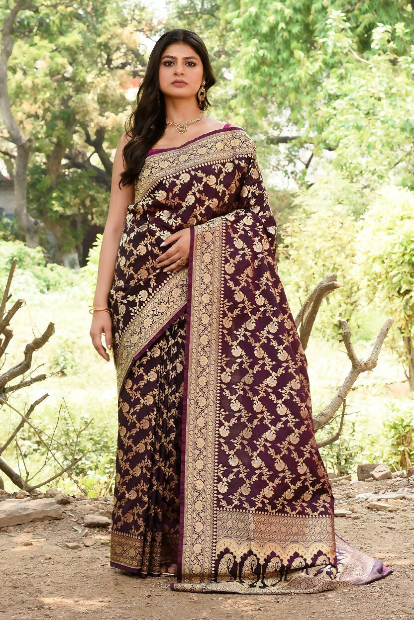 Joban Fashion Plum Purple Banarasi Soft Pure Handloom Banarasi Silk Saree | Grocsy