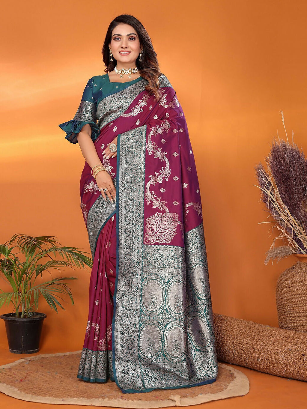 Joban Fashion Banarasi Purple Woven Soft Silk Saree | Grocsy