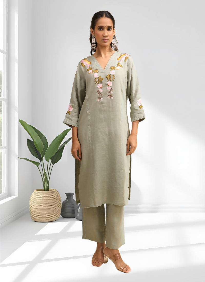 Joban Fashion Pista Green Linen Embroidered Readymade Cord Set | Grocsy