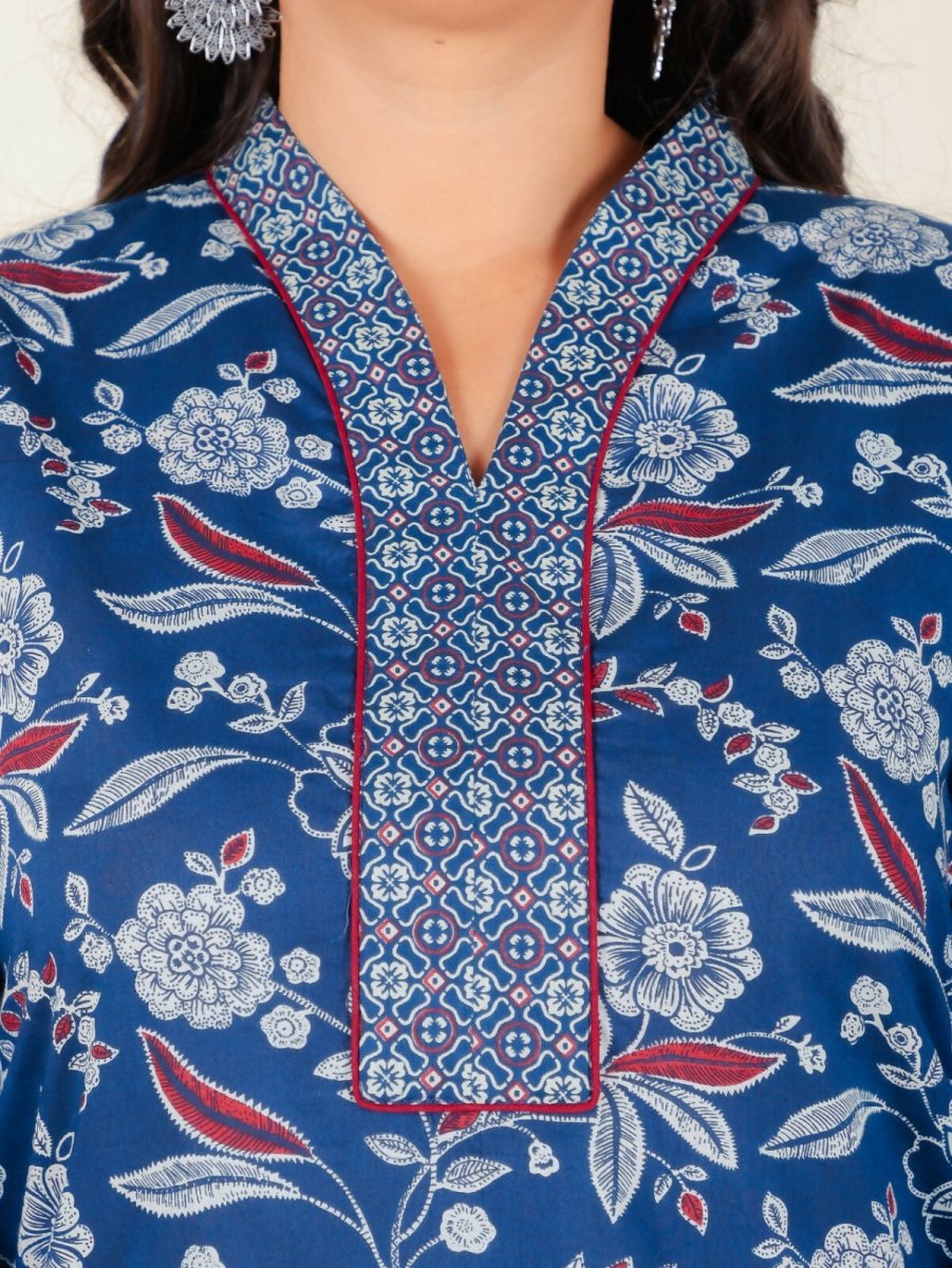 Aramya Blue Soft Cotton Floral Print Straight Kurta Set for Women | Grocsy