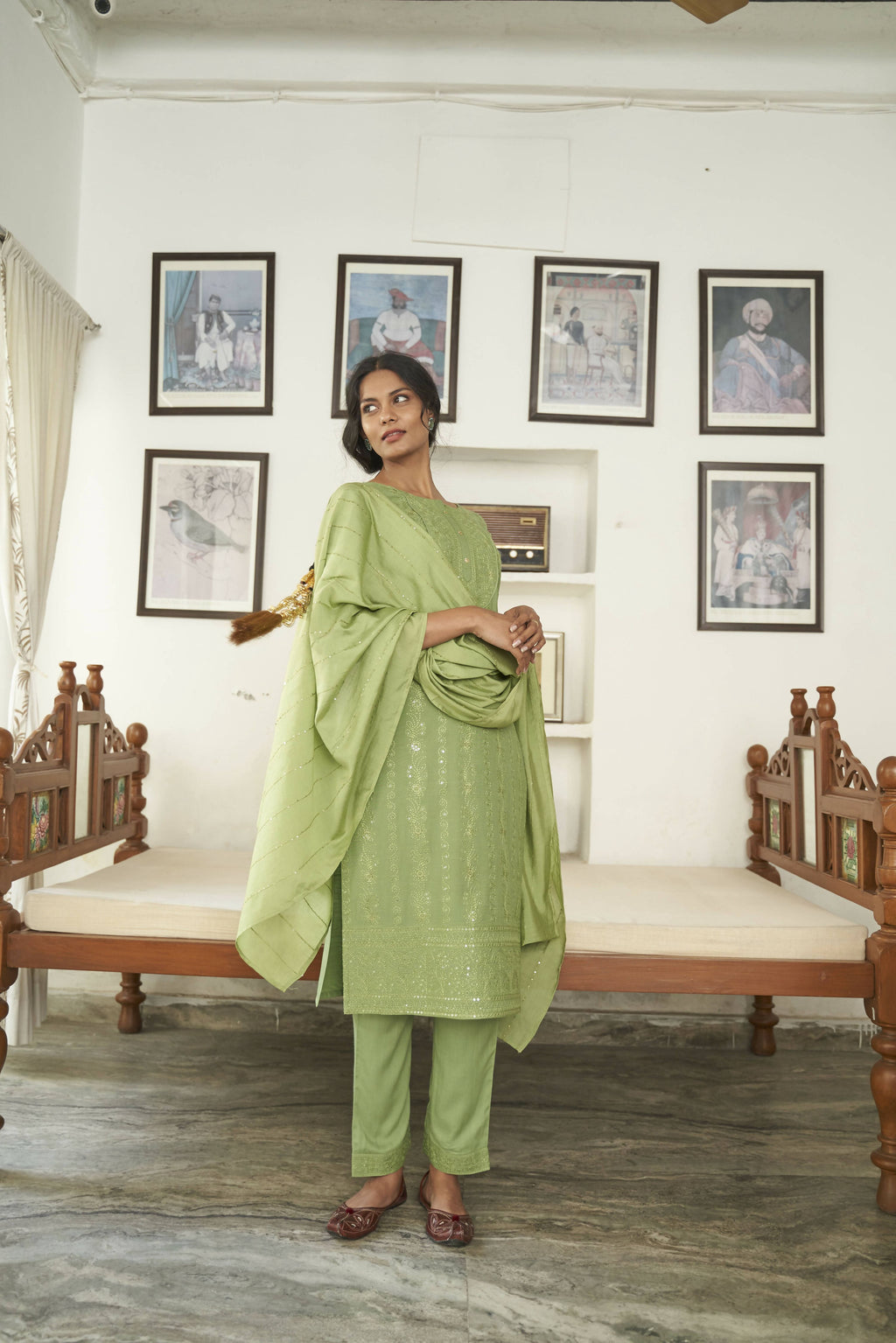 Green Rayon Sequence Embroidery work Straight kurta with Pant & Dupatta - Akashara | Grocsy