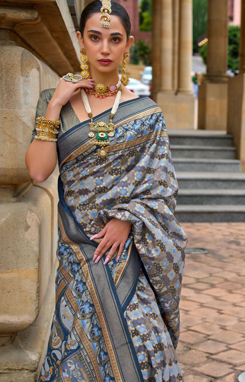 Steel Teal Blue Superior V.P.Silk Woven Printed Patola Silk Saree - Rewaa Milano | Grocsy