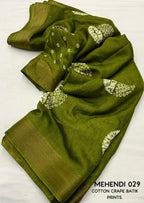Mehndi Cotton Crepe Batik Print Saree with Unstitched Blouse - Hiral Fashion | Grocsy